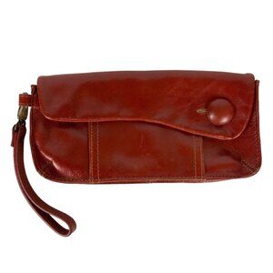 Retro Fossil Genuine Leather Wristlet Clutch Purse Red Zip Button Accent